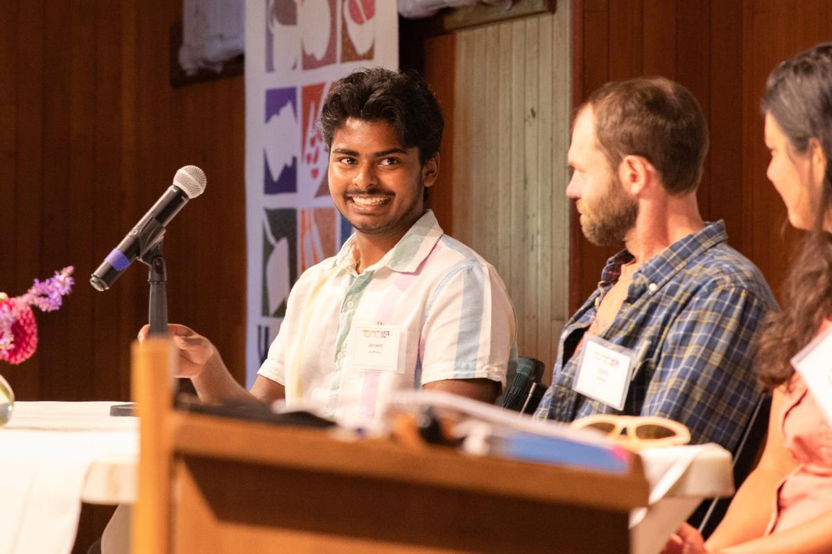 Vermont high school student Jeswin Antony, shares a favorite farm to school story during a community panel. Photo by Sarah Webb. Vermont high school student Jeswin Antony, shares a favorite farm to school story during a community panel. Photo by Sarah Webb.