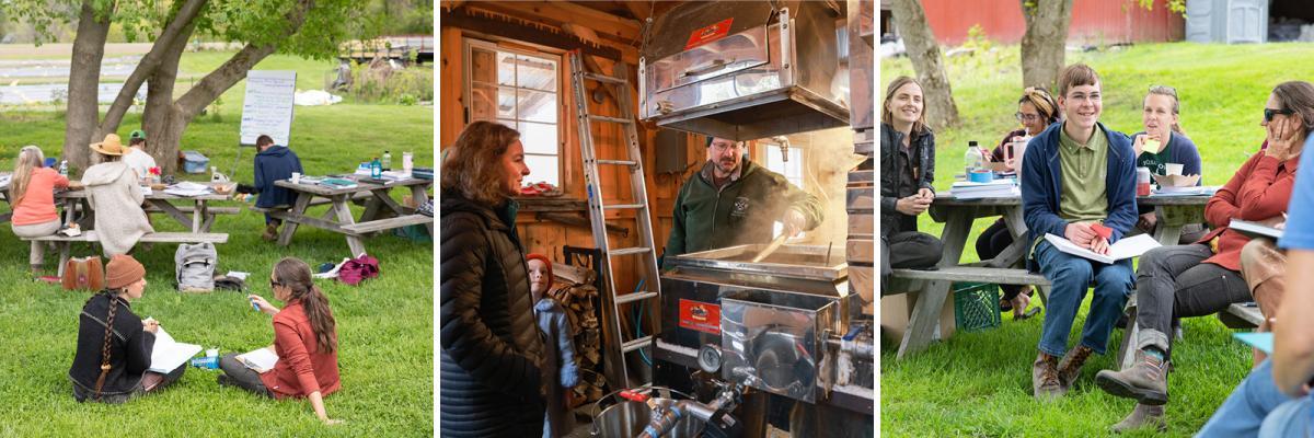 A collage of three images of the program throughout the year: participants working together and learning outdoors A collage of three images of the program throughout the year: participants working together and learning outdoors