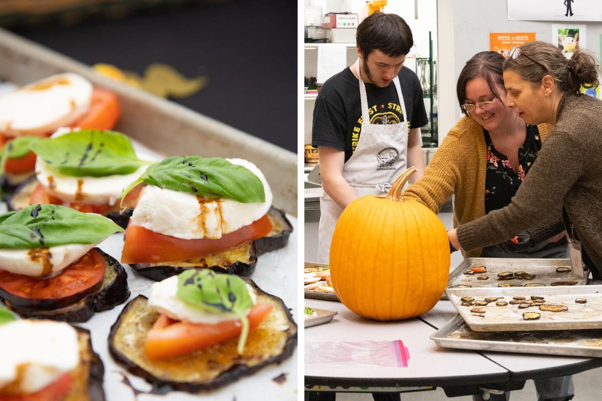A school garden inspired snack—heirloom tomatoes, basil, and eggplant with student-made mozzarella—is prepared by students and staff before the event. A school garden inspired snack—heirloom tomatoes, basil, and eggplant with student-made mozzarella—is prepared by students and staff before the event.