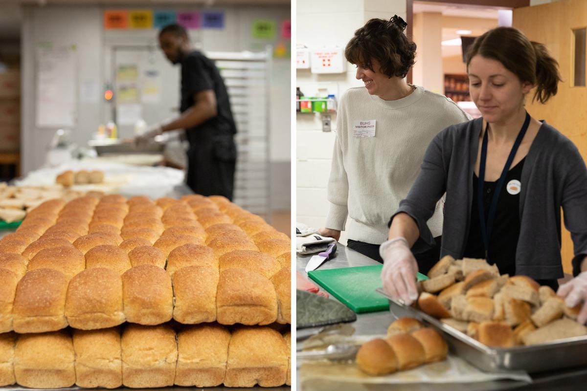 Left: a person in a kitchen prepares a large tray of freshly baked bread rolls for service. Right: two people in a kitchen setting arrange bread onto trays. Left: a person in a kitchen prepares a large tray of freshly baked bread rolls for service. Right: two people in a kitchen setting arrange bread onto trays.