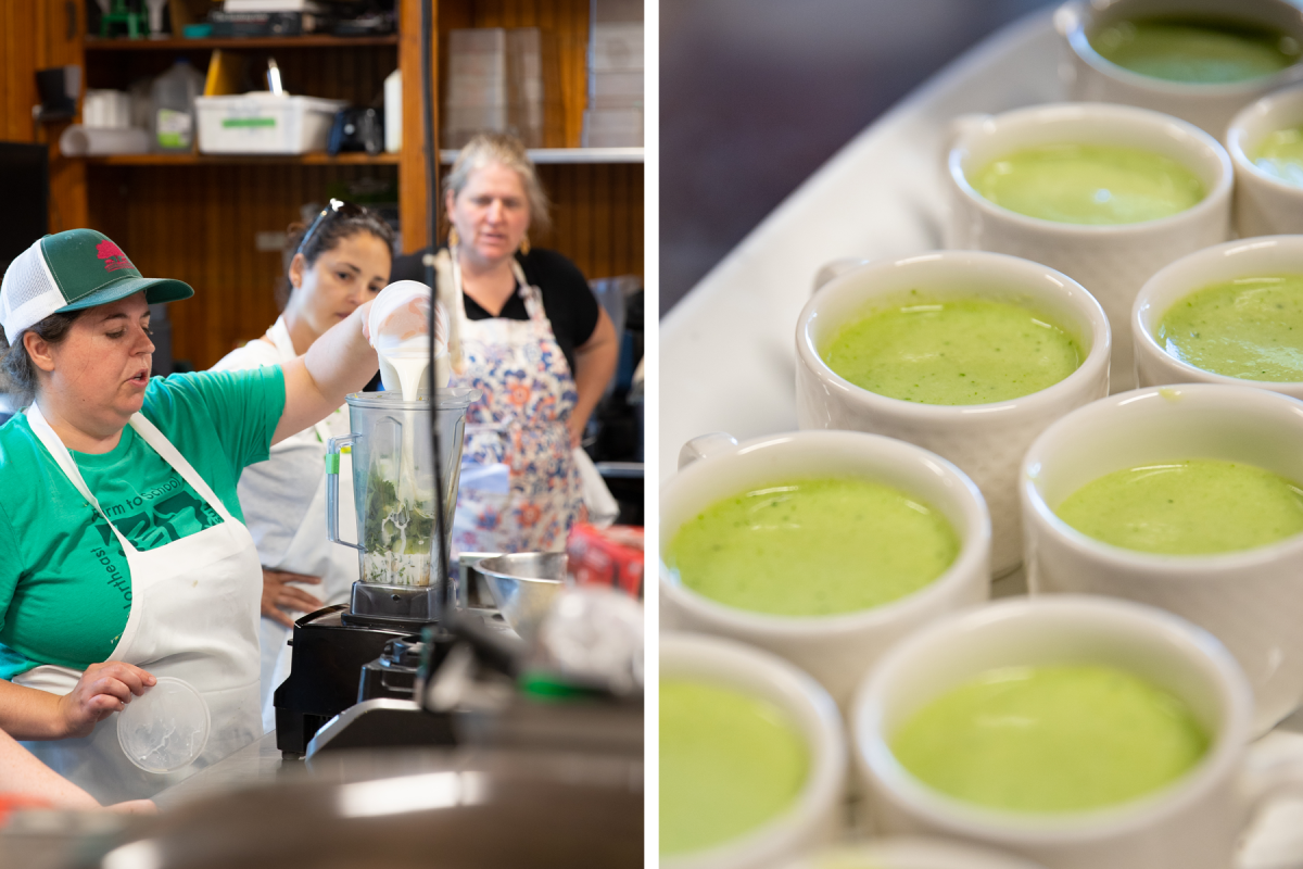 Two images: (left) a chef blends soup in a food processor as a group watches, (right) Two images: (left) a chef blends soup in a food processor as a group watches, (right) a tray of white cups filled with green soup, arranged in a neat row.