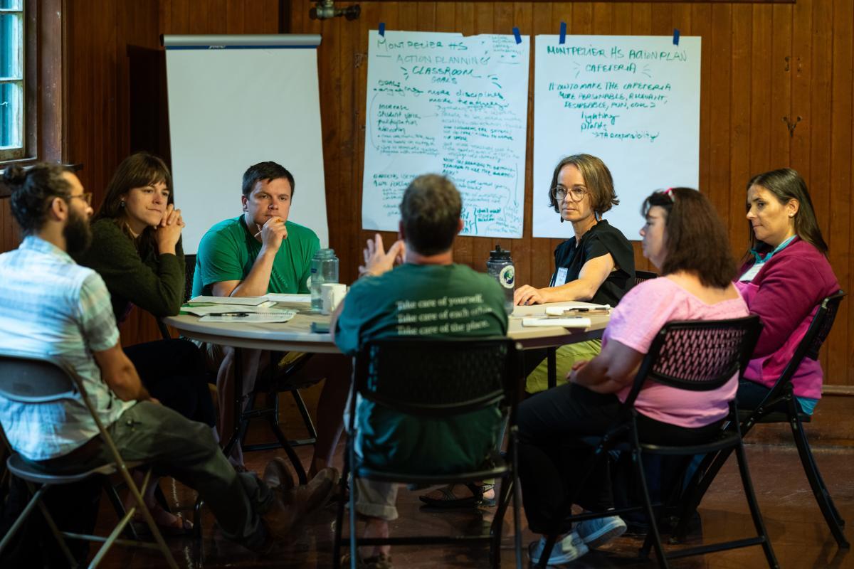 A portion of the Montpelier Northeast Farm to School Institute team at the Shelburne Farms Coach Barn develops their action plan for further embedding food systems education into their curriculum. A portion of the Montpelier Northeast Farm to School Institute team at the Shelburne Farms Coach Barn develops their action plan for further embedding food systems education into their curriculum.