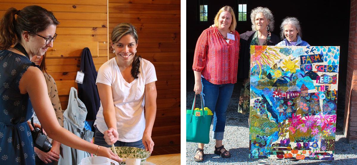 Left: Institute team members learn how to make dough. Right: Kelly LaCasse and NOFA-VT's Abbie Nelson pose with Bonnie and the beautiful art that was made with participants' help at the Institute. Left: Institute team members learn how to make dough. Right: Kelly LaCasse and NOFA-VT's Abbie Nelson pose with Bonnie and the beautiful art that was made with participants' help at the Institute.