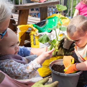 A young child and a baby are gardening with an adult. A young child and a baby are gardening with an adult.
