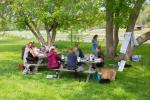 people sit at picnic tables, working